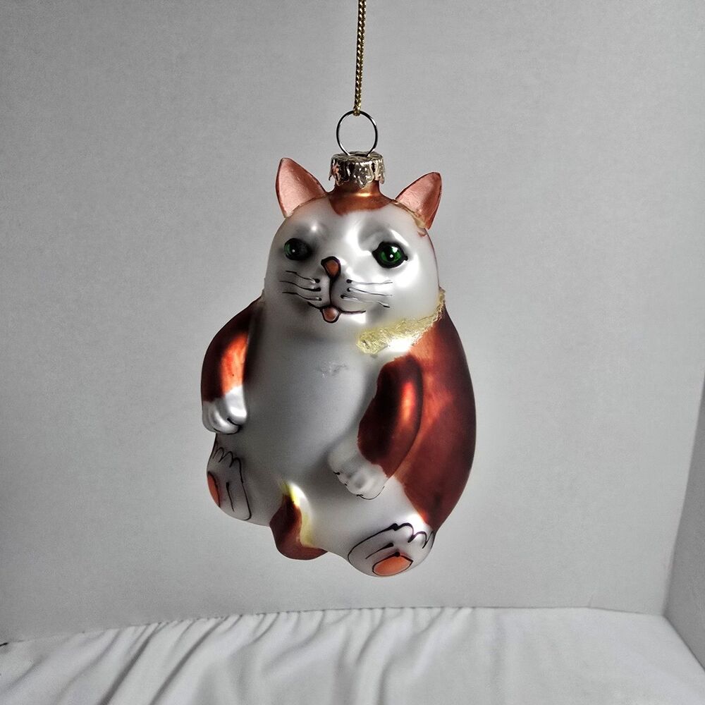 Smithsonian Institution Blown Glass Fat Ginger Green Eyed Cat Christmas Ornament - Picture 2 of 9